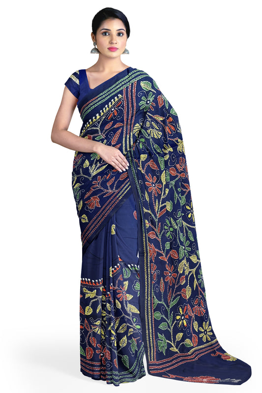 SAMVITA Blue Kantha Stitch Silk Saree – Hand-Embroidered Elegance in Every Thread