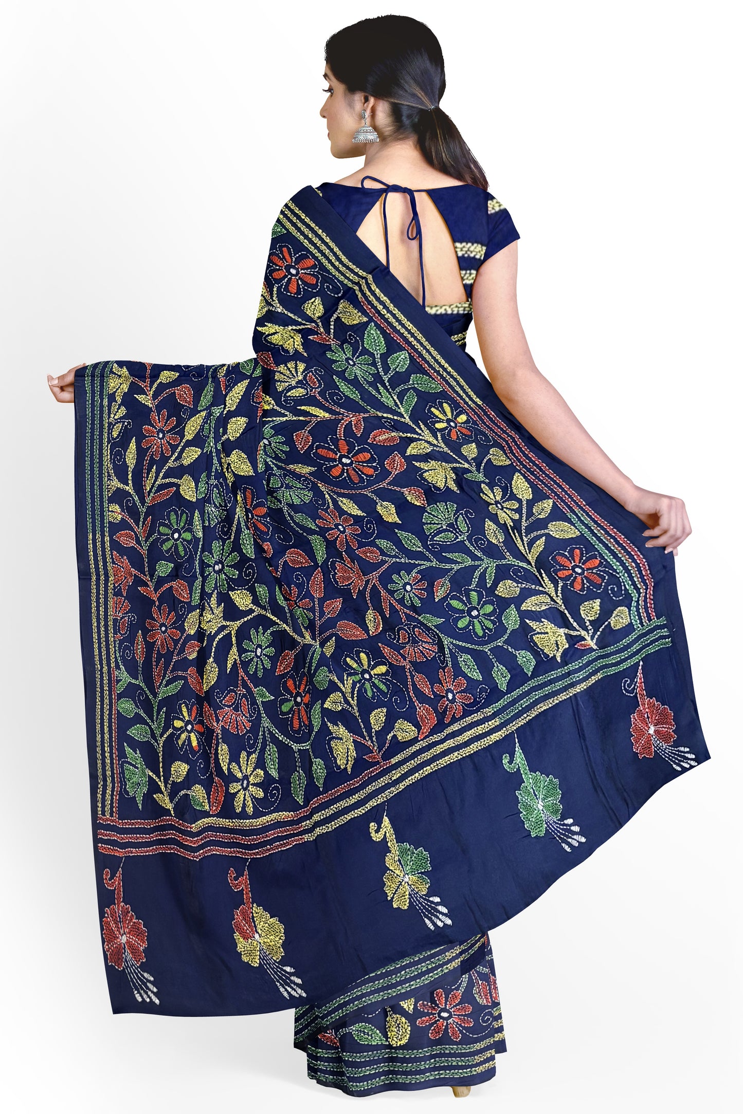 SAMVITA Blue Kantha Stitch Silk Saree – Hand-Embroidered Elegance in Every Thread