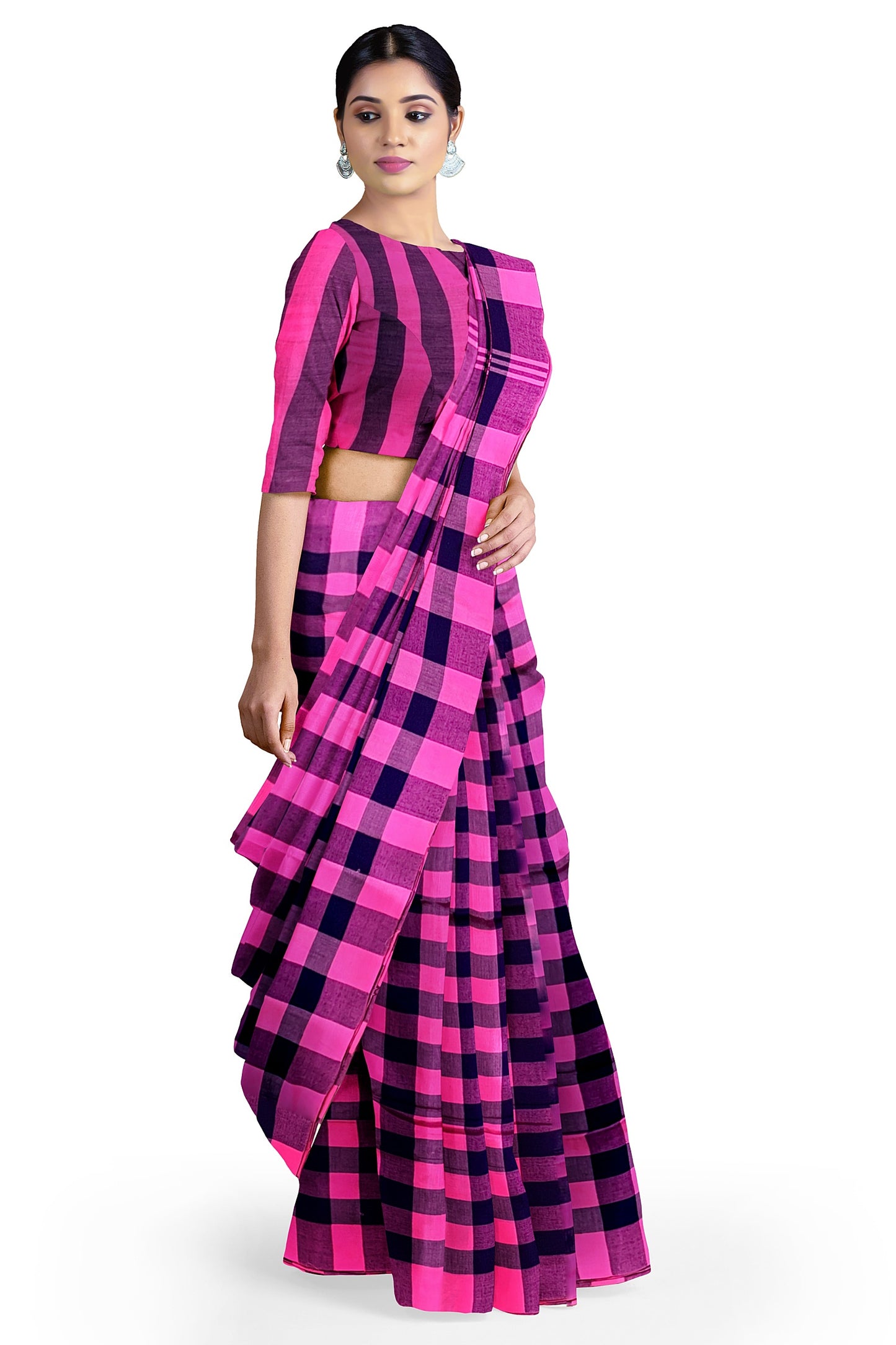 Pink And Blue Cotton Khadi Soft Handloom Saree