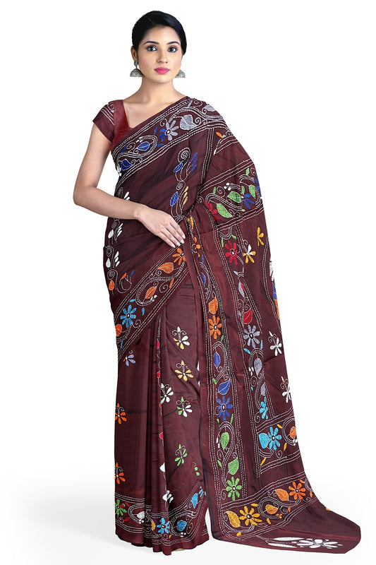 SAMVITA Maroon Kantha Stitch Silk Saree – Hand-Embroidered Elegance in Every Thread
