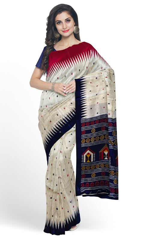 Cream Printed Semi Tussar Silk Saree - Samvita
