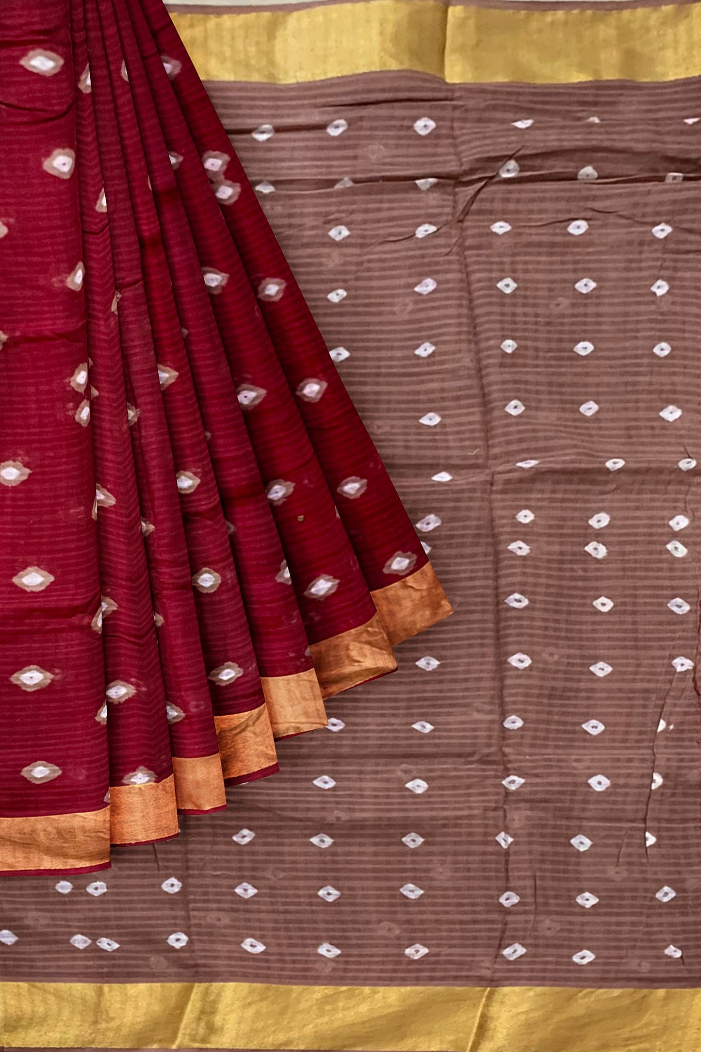 Handcrafted Bandhani Work Red Cotton Mulmul Saree – Earthy Elegance in a Feather-Light Drape
