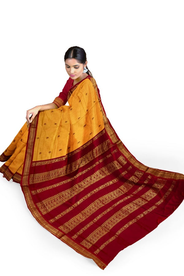Yellow Cotton Silk Kalyani Gadwal Saree with Butta and Zari Pallu – Grace Rooted in Heritage