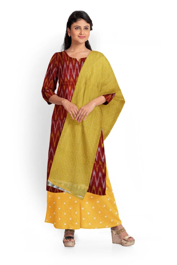 Red And Yellow Cotton Printed Salwar Suit Fabric with Chiffon Dupatta