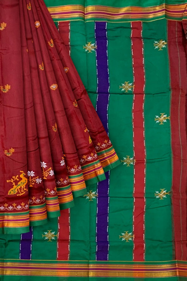 Maroon Cotton Silk Ilkal Saree with Kasuti Embroidery Work