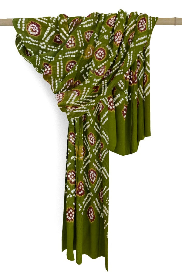 Olive Green Cotton Bandhani Dupatta – A Timeless Tie-Dye Tradition in Pure Cotton