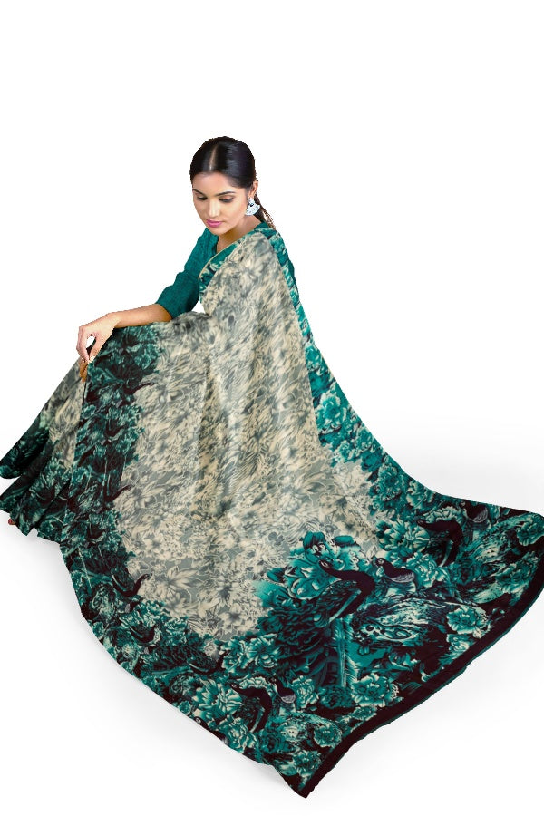 Grey Blended Silk Printed Manipur Saree