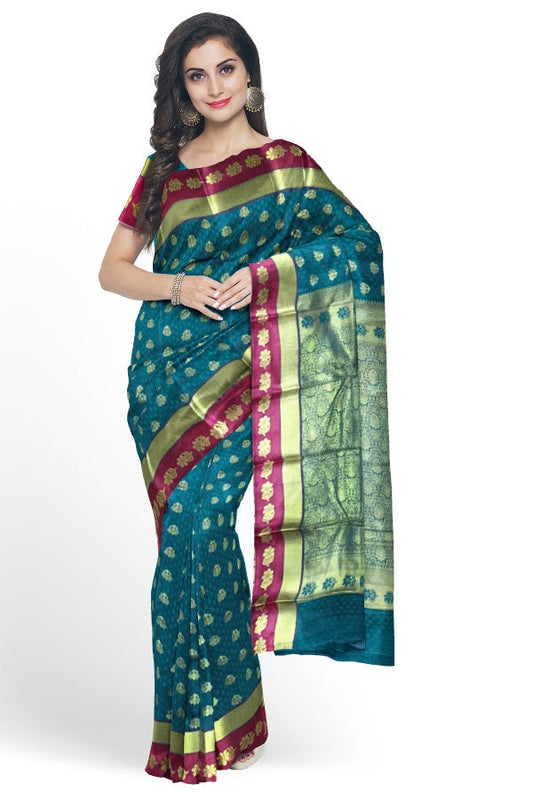 Green Silk Blend Kanjivaram Saree with Blouse Piece – A Regal Touch of South Indian Grandeur