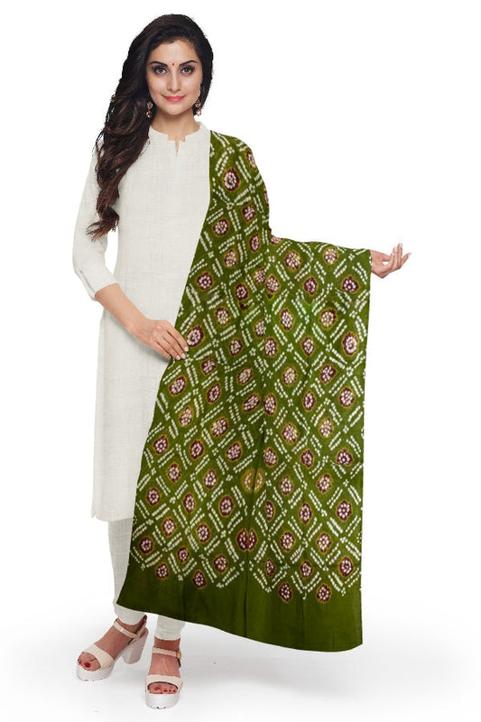 Olive Green Cotton Bandhani Dupatta – A Timeless Tie-Dye Tradition in Pure Cotton