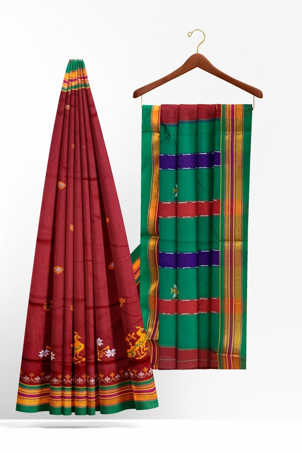 Maroon Cotton Silk Ilkal Saree with Kasuti Embroidery Work