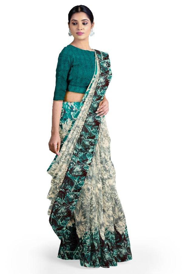 Grey Blended Silk Printed Manipur Saree