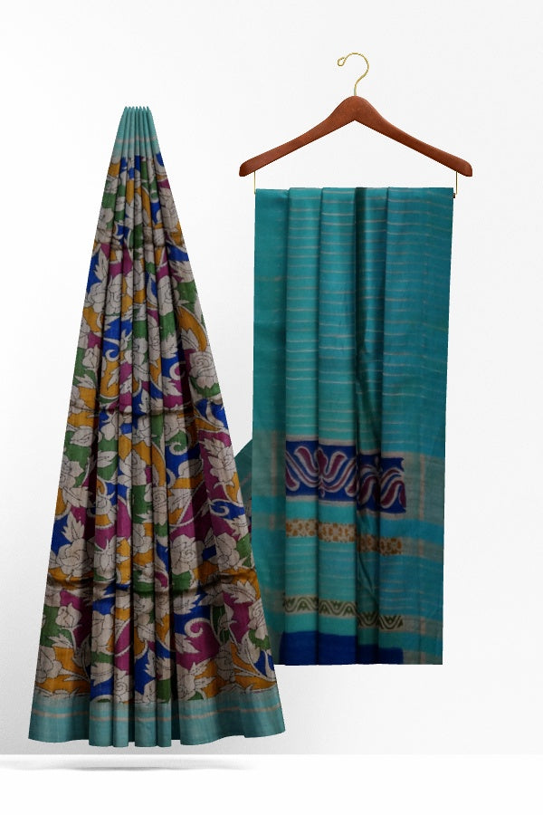 Turquoise Blue Tussar Silk Saree