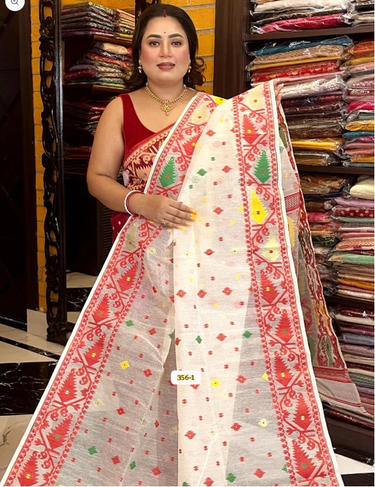 SAMVITA White Bengal Handloom Resham Jamdani Saree with Blouse Piece – A Masterpiece of Grace & Craft