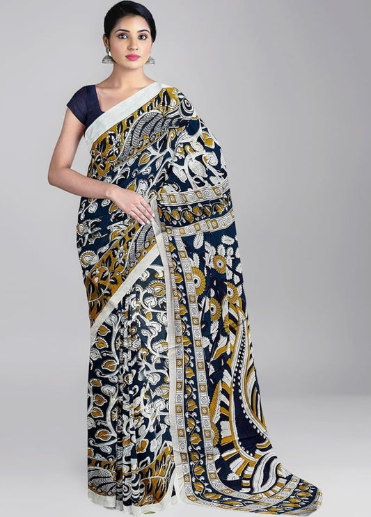 Blue Cotton Mulmul Saree with Blouse Piece – Earthy Elegance in a Feather-Light Drape