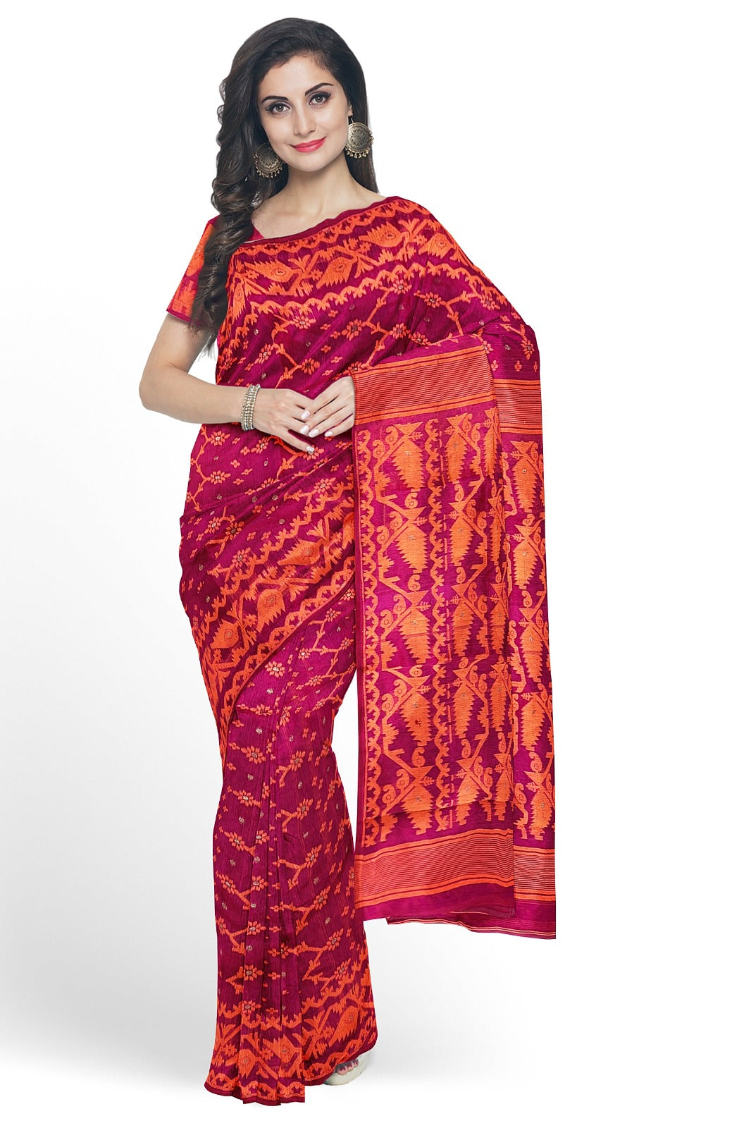 SAMVITA Pink Bengal Handloom Resham Jamdani Saree with Blouse Piece