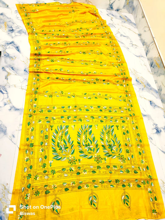 SAMVITA Yellow Kantha Stitch Silk Saree – Hand-Embroidered Elegance in Every Thread