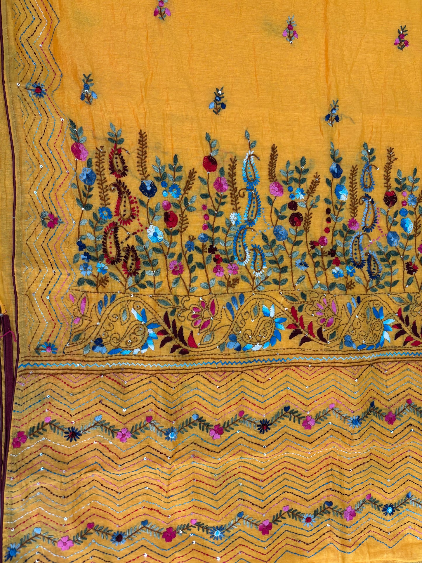 SAMVITA Yellow Kantha Stitch Cotton Silk Saree – Hand-Embroidered Elegance in Every Thread
