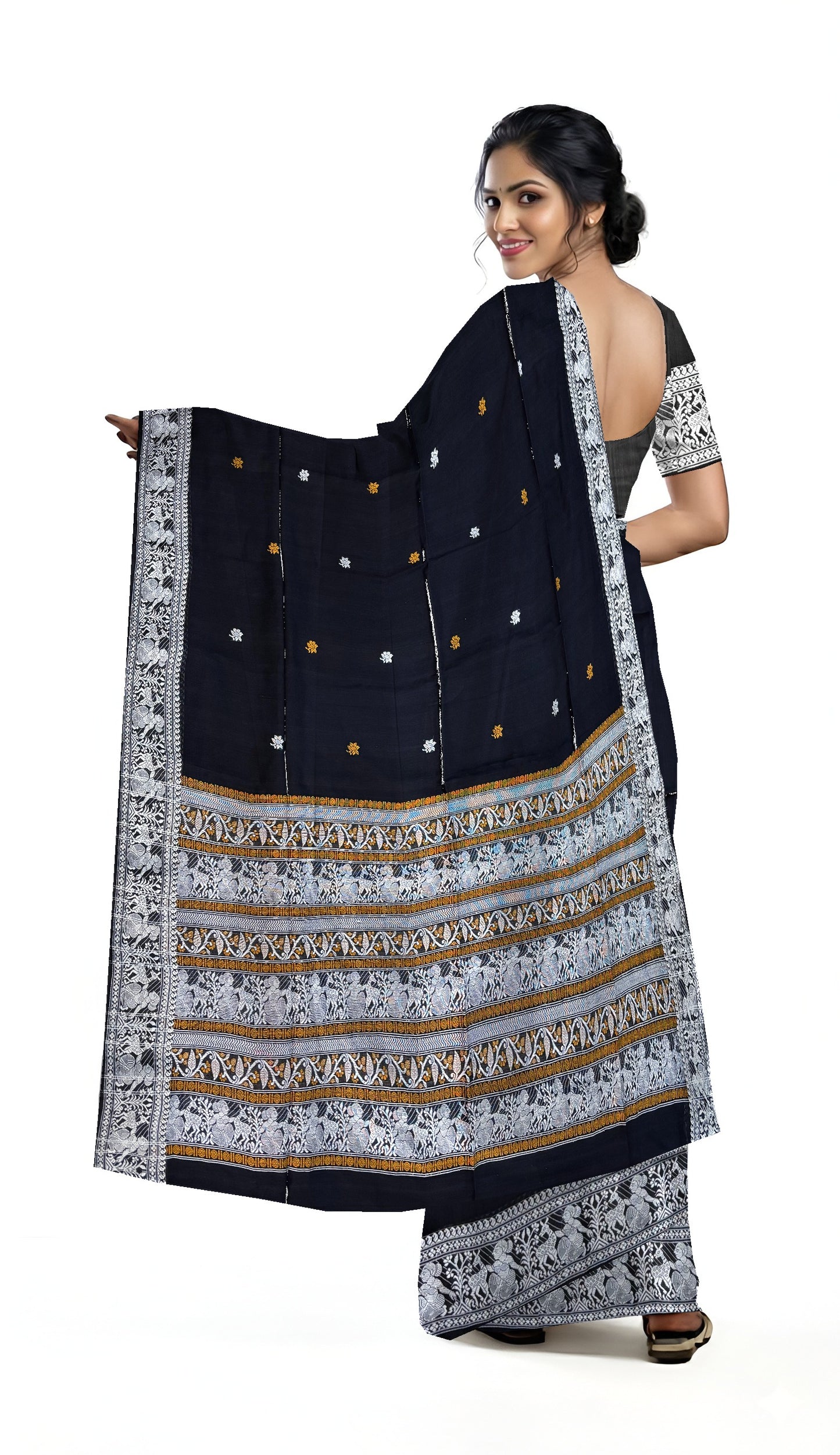 SAMVITA Black Handloom Cotton Saree - Pure Cotton Elegance With All Over Woven Design