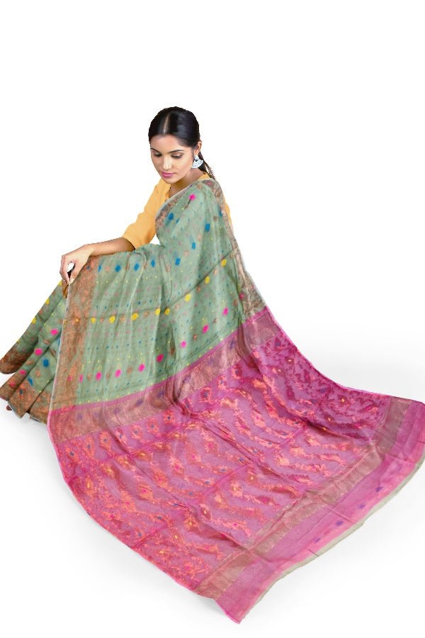 Green And Pink Resham Handloom Jamdani Saree - Samvita