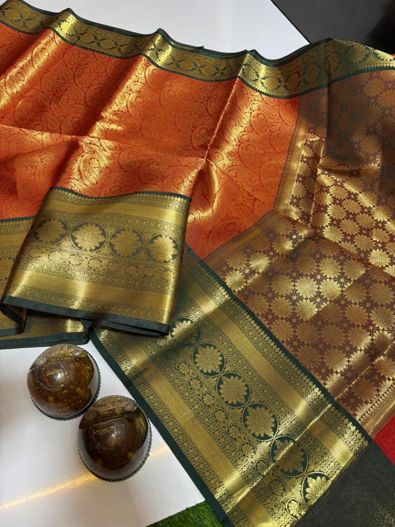 SAMVITA Orange Silk Saree with Blouse Piece – Shimmering Elegance in Every Fold