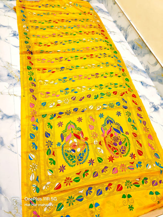 SAMVITA Yellow Kantha Stitch Silk Saree – Hand-Embroidered Elegance in Every Thread