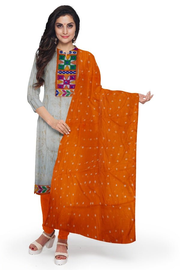 Cream Cotton Salwar Suit Fabric with Embroidered Neck Pattern and Bandhani Dupatta - Samvita