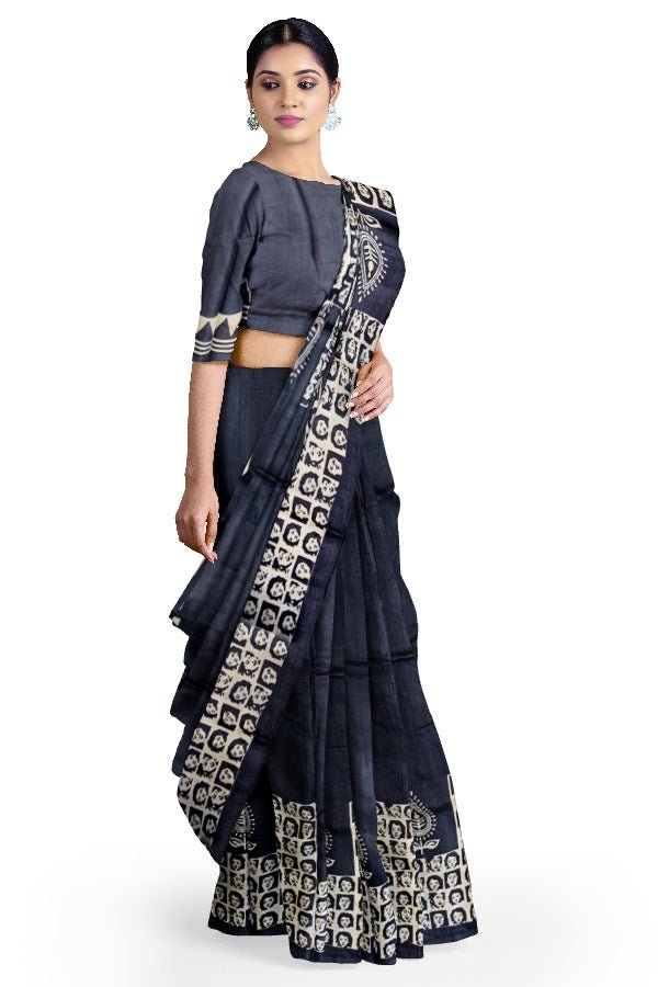 Black Tussar Silk Printed Saree - Samvita