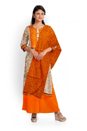 Cream Cotton Salwar Suit Fabric with Embroidered Neck Pattern and Bandhani Dupatta