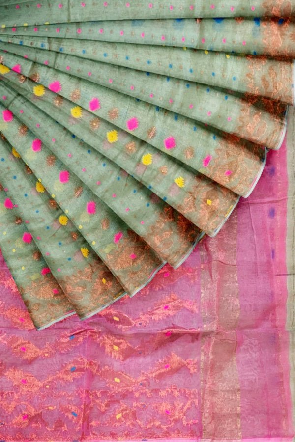 Green And Pink Resham Handloom Jamdani Saree - Samvita