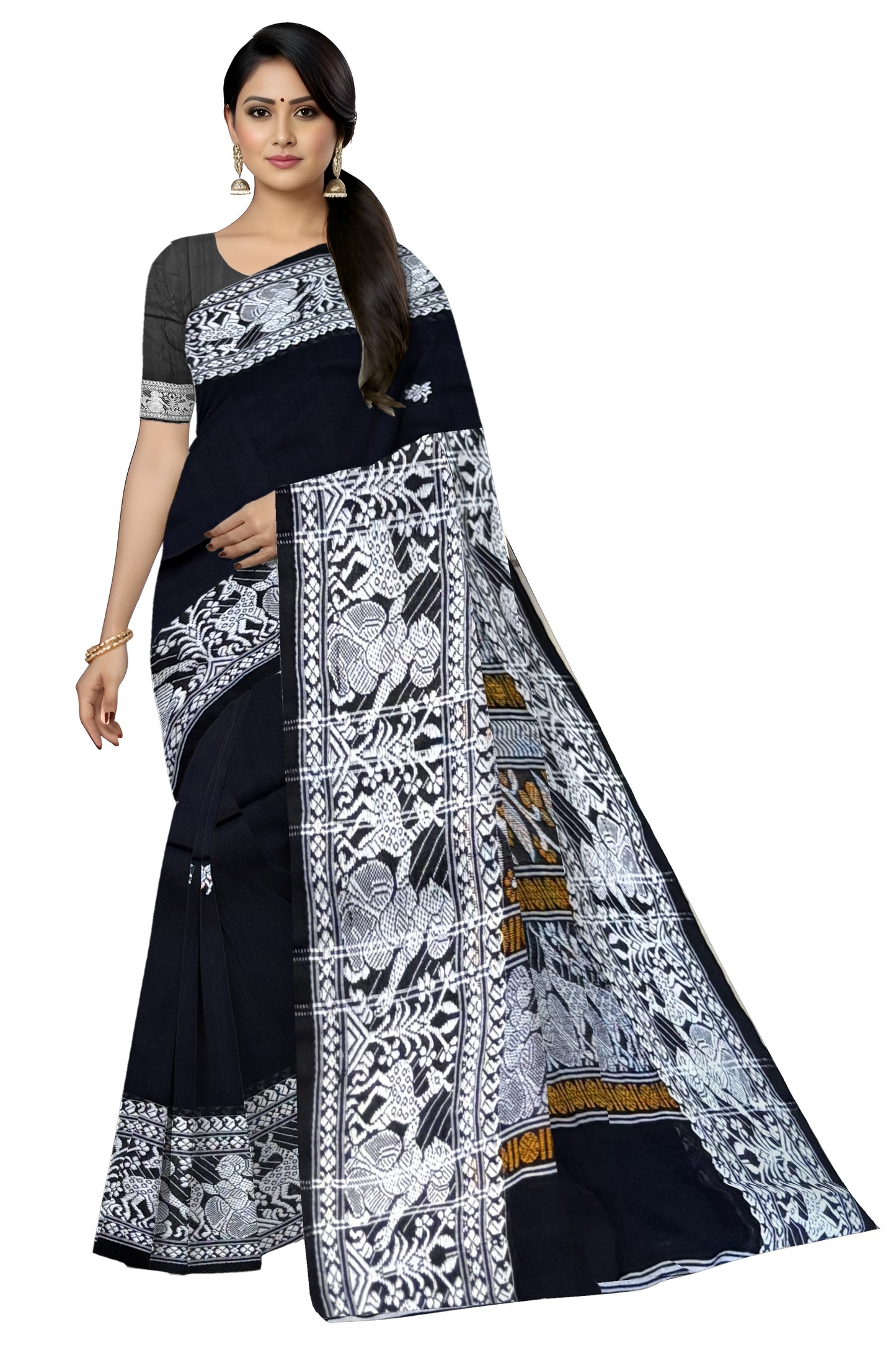 SAMVITA Black Handloom Cotton Saree - Pure Cotton Elegance With All Over Woven Design
