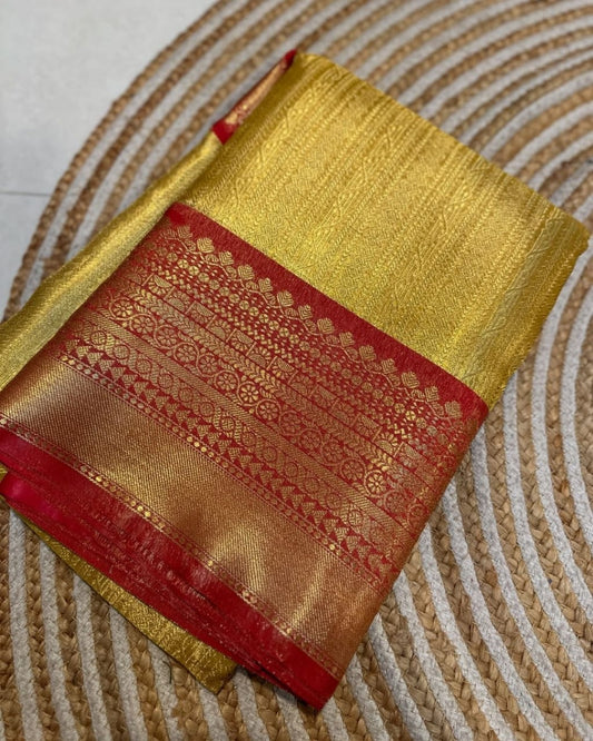 SAMVITA Golden Tissue Silk Saree with Red Border and Blouse Piece – Radiance Wrapped in Tradition