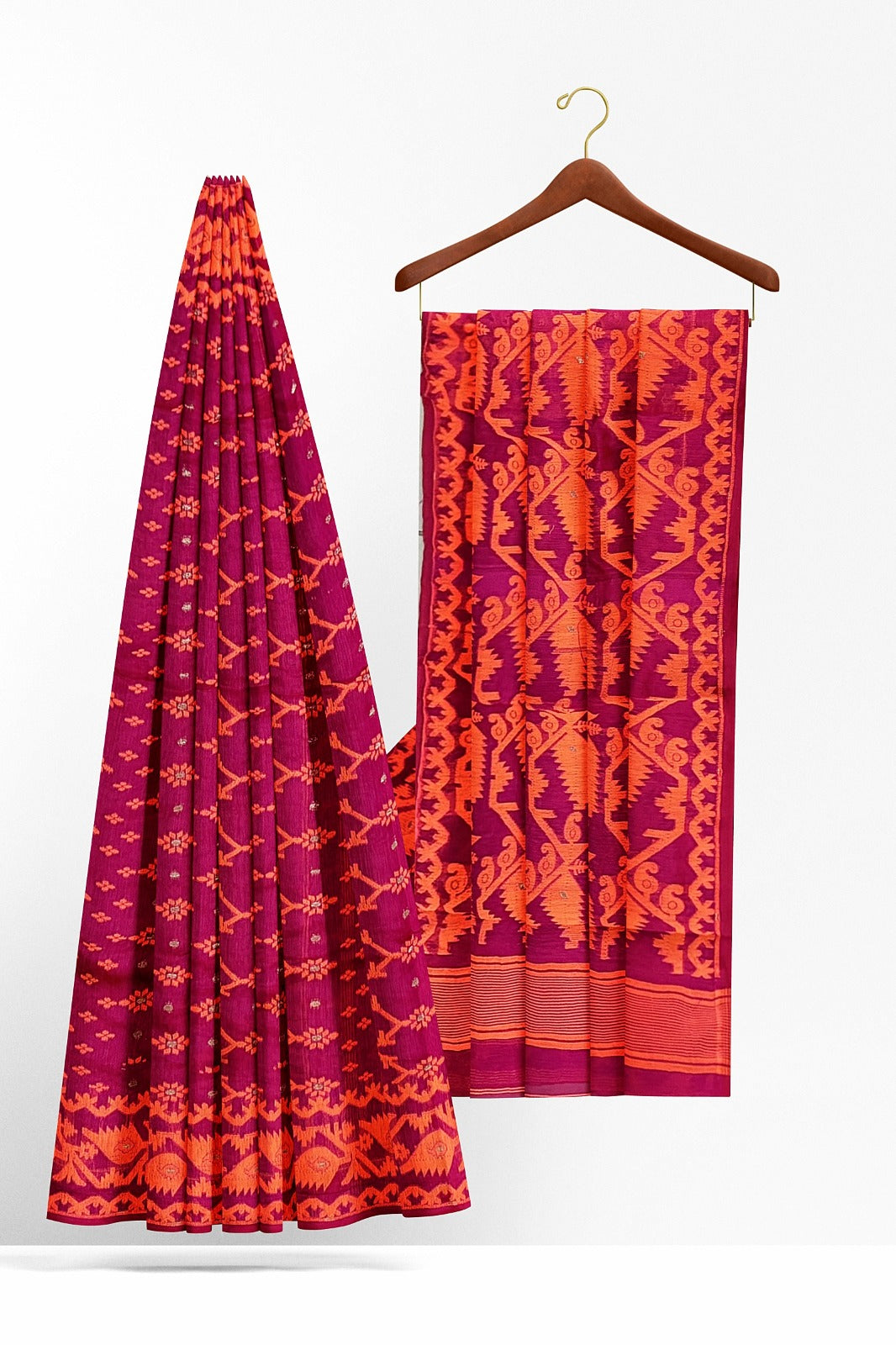 SAMVITA Pink Bengal Handloom Resham Jamdani Saree with Blouse Piece