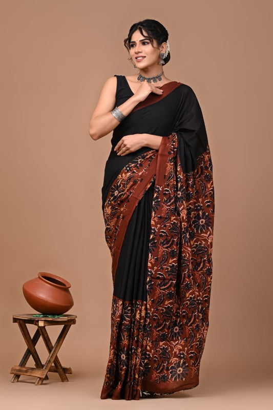 Black Cotton Mulmul Saree with Blouse Piece – Earthy Elegance in a Feather-Light Drape