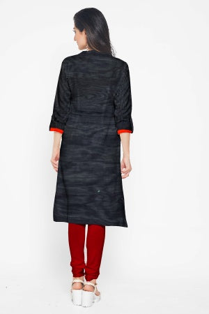 Black and Red Chanderi Salwar Suit Fabric with Embroidered Neck Pattern