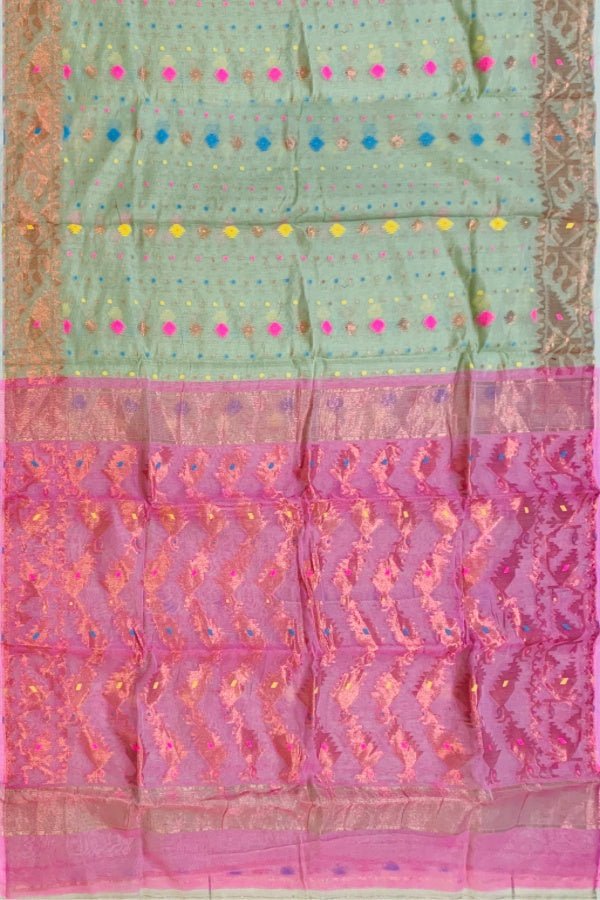 Green And Pink Resham Handloom Jamdani Saree - Samvita