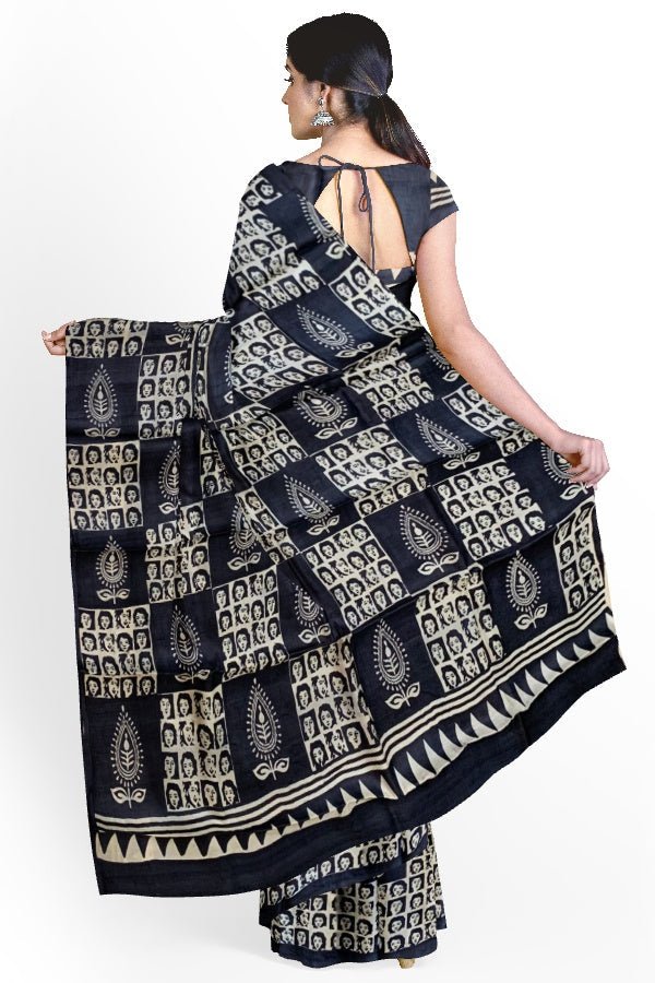 Black Tussar Silk Printed Saree - Samvita