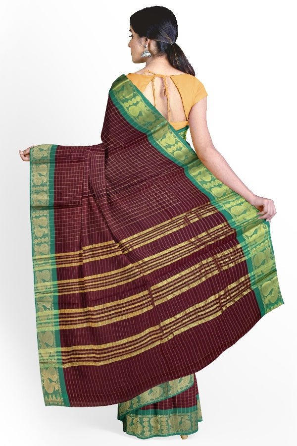 Brown Cotton Sungudi Checks Saree - Samvita