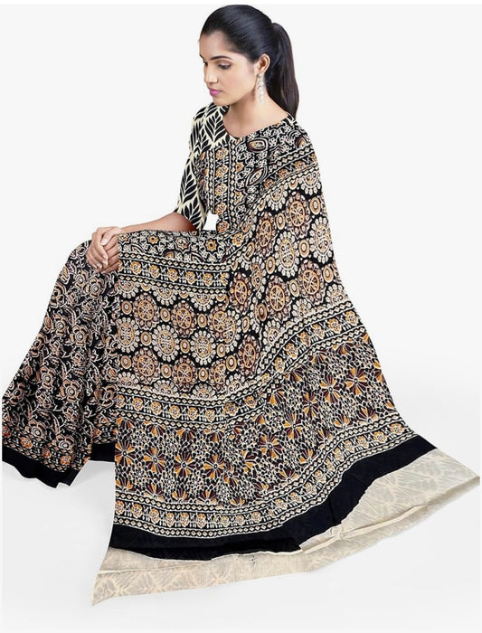 Black Cotton Mulmul Saree with Blouse Piece – Earthy Elegance in a Feather-Light Drape