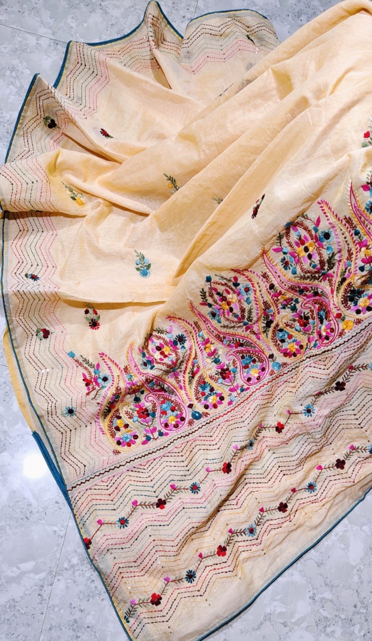 SAMVITA Light Yellow Kantha Stitch Cotton Silk Saree – Hand-Embroidered Elegance in Every Thread
