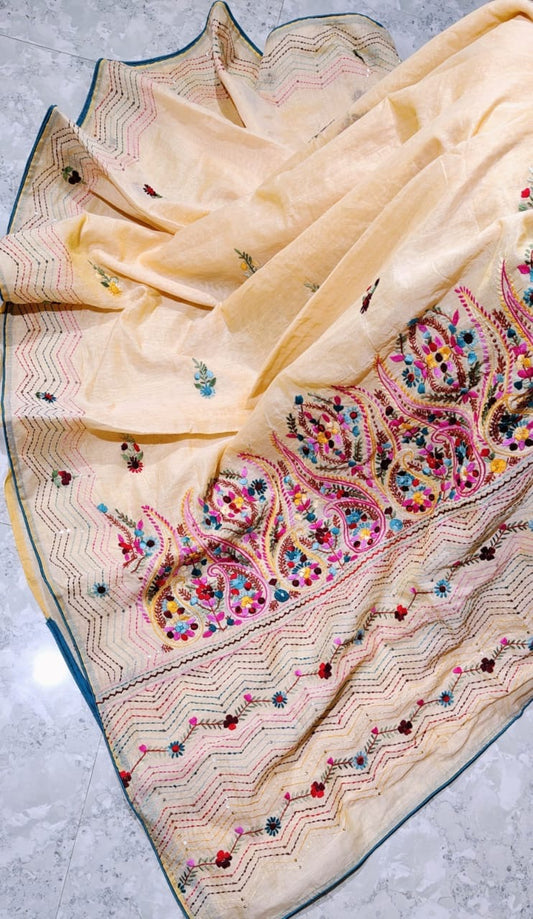SAMVITA Light Yellow Kantha Stitch Cotton Silk Saree – Hand-Embroidered Elegance in Every Thread