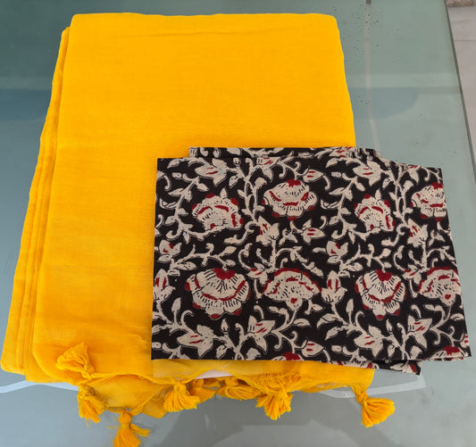 Yellow Cotton Handloom Saree with Designer Blouse Piece