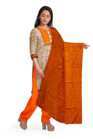 Cream Cotton Salwar Suit Fabric with Embroidered Neck Pattern and Bandhani Dupatta