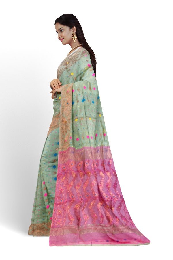 Green And Pink Resham Handloom Jamdani Saree - Samvita