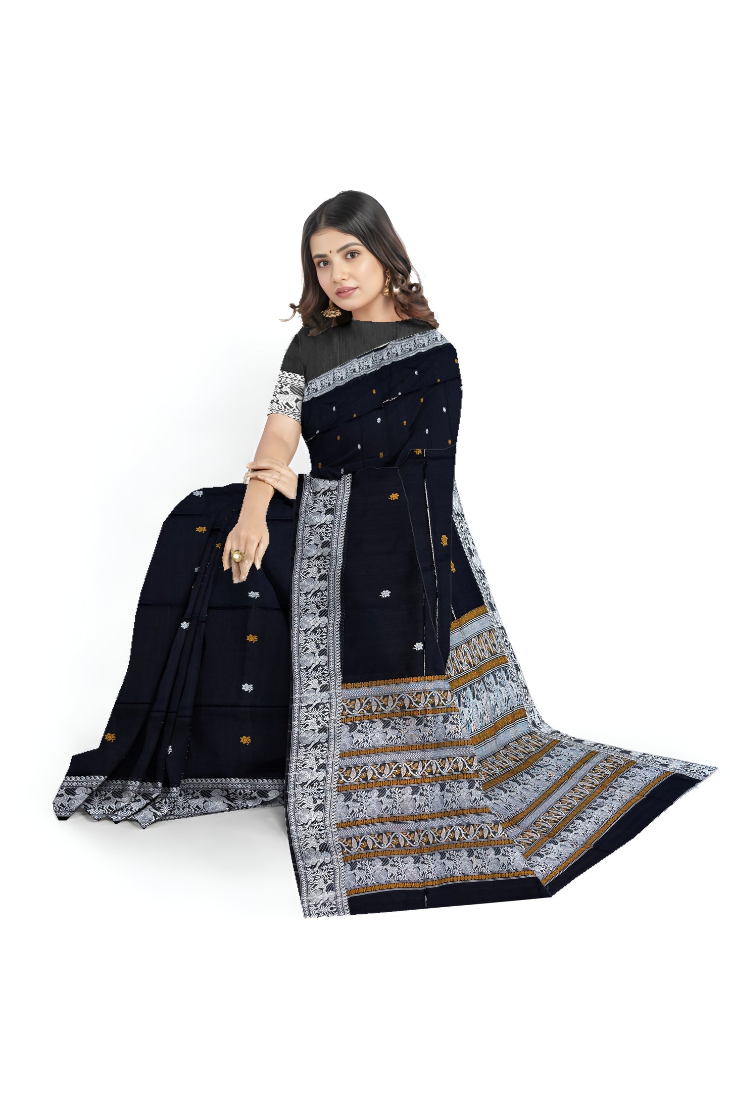 SAMVITA Black Handloom Cotton Saree - Pure Cotton Elegance With All Over Woven Design