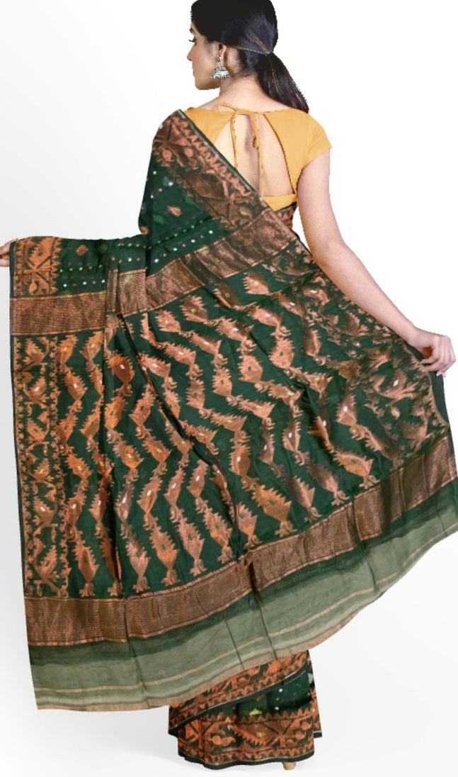 Green Bengal Handloom Resham Jamdani Saree