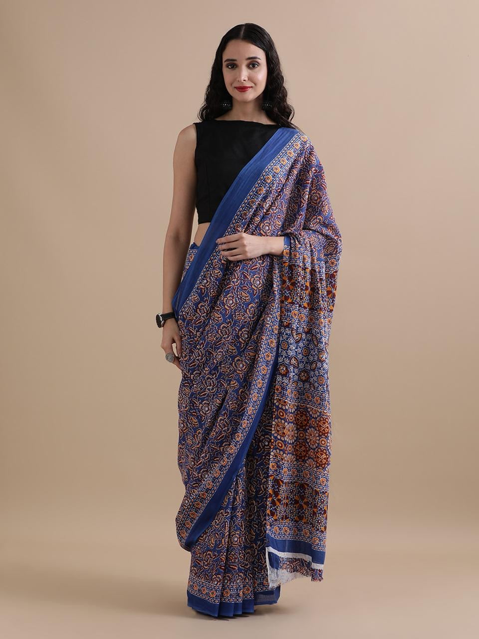 Blue Cotton Mulmul Saree with Blouse Piece