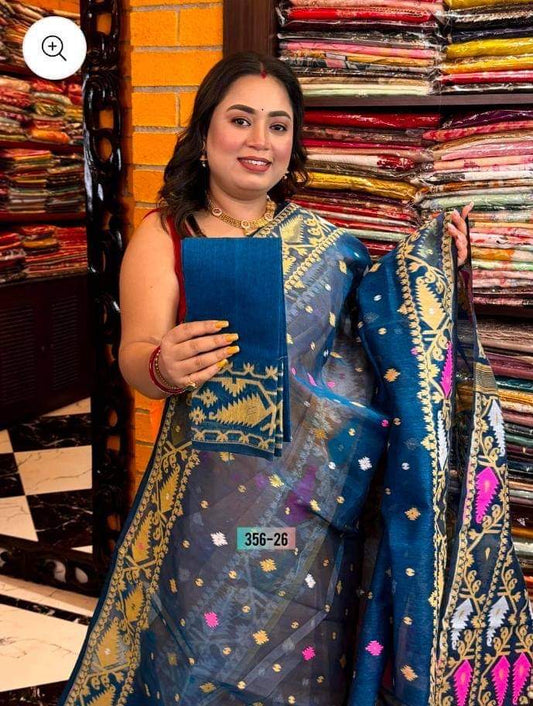 SAMVITA Blue Bengal Handloom Resham Jamdani Saree with Blouse Piece – A Masterpiece of Grace & Craft