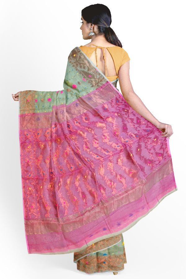 Green And Pink Resham Handloom Jamdani Saree - Samvita