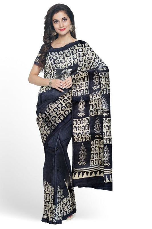 Black Tussar Silk Printed Saree - Samvita