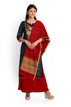 Black and Red Chanderi Salwar Suit Fabric with Embroidered Neck Pattern
